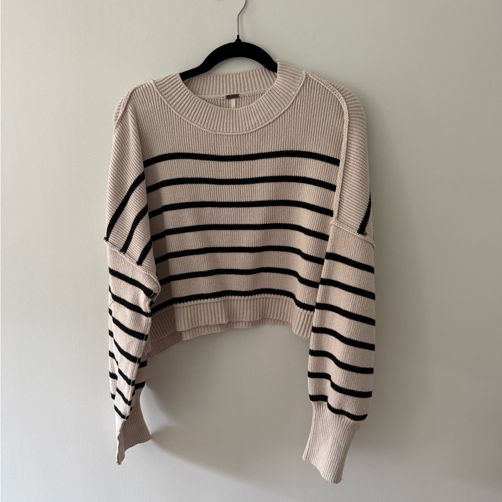 Free People Striped Crew Neck Sweater - Black and Cream